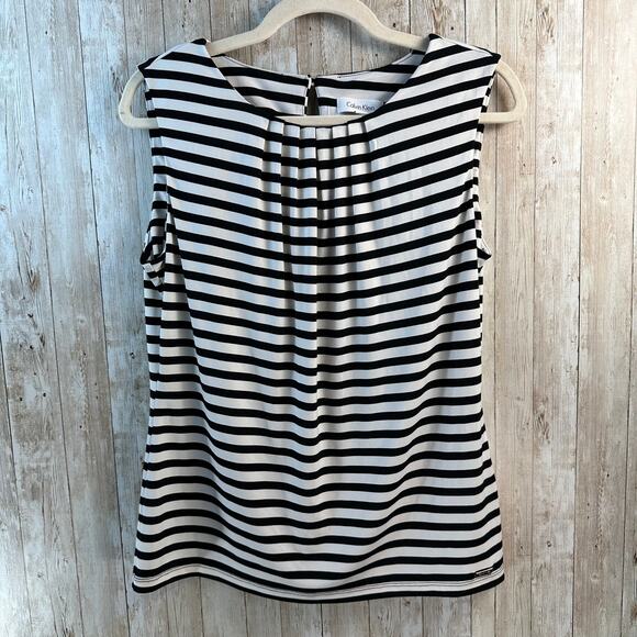 Calvin Klein Tank Top Womens M Black Ivory Striped Pintuck Neck Keyhole Back - Picture 1 of 9